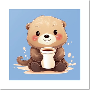 Cute Sea Otter drinking coffee with a cute expression Posters and Art